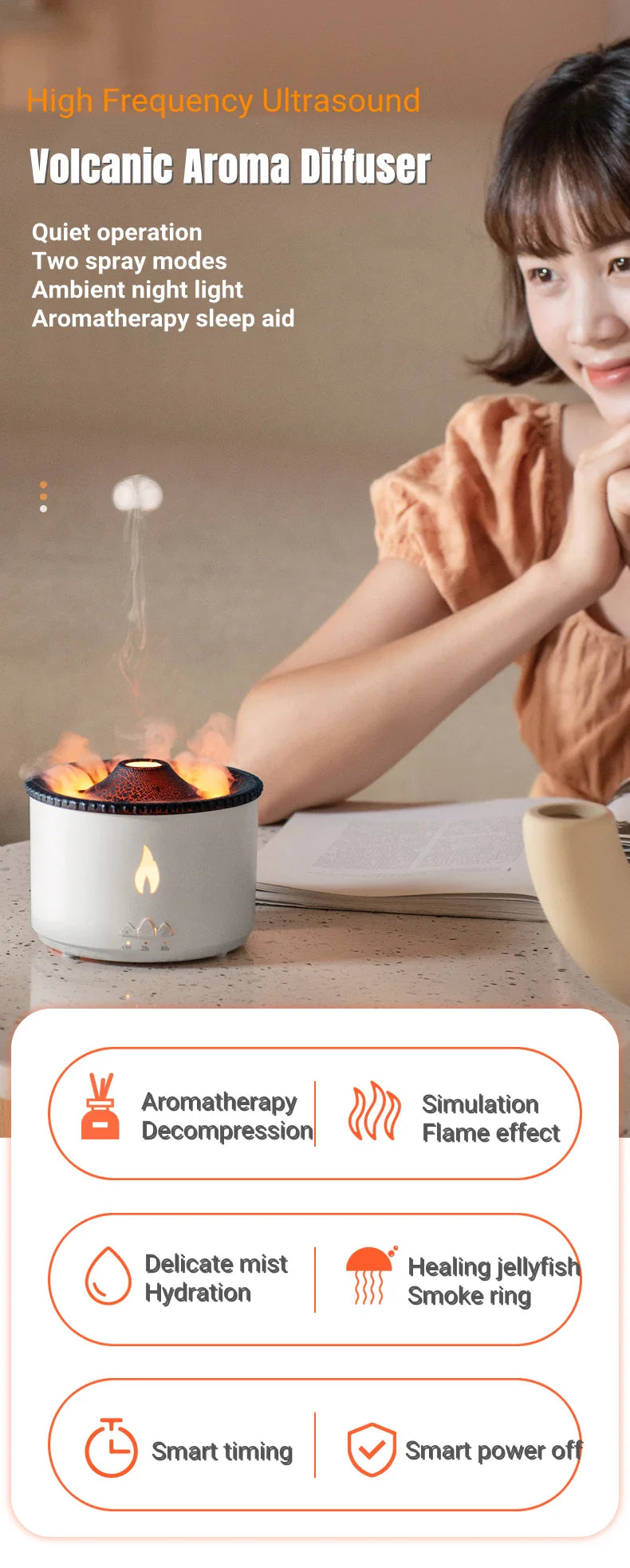 Elegant ultrasonic essential oil humidifier with flame and jellyfish-inspired lighting effects for relaxing ambiance