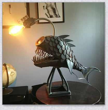 Handcrafted Steampunk Angler Fish Lamp with a warm, soothing glow for desk or office decor