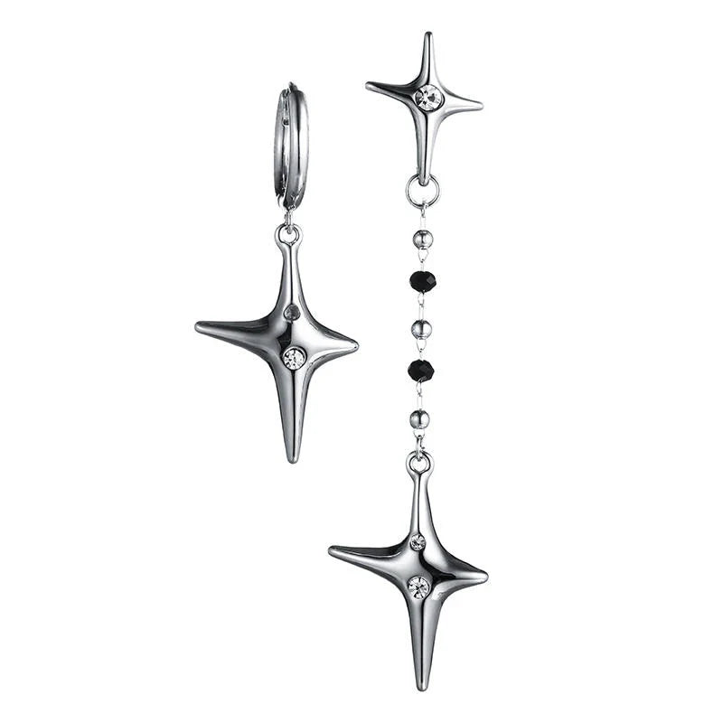 Asymmetric four-star silver needle earrings with a premium design for fashionable women
