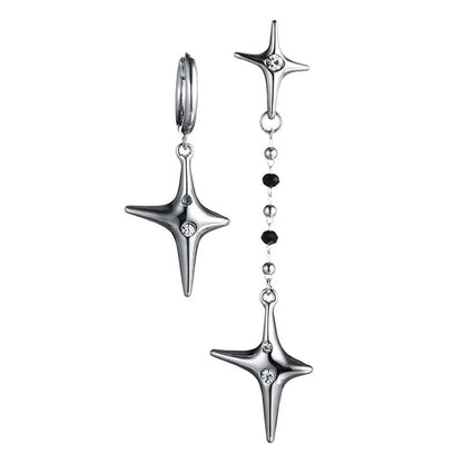 Asymmetric four-star silver needle earrings with a premium design for fashionable women