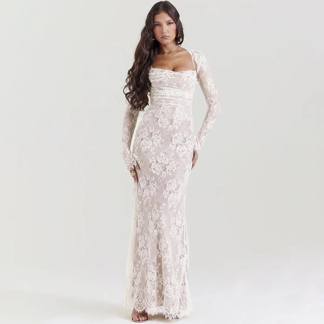 Elegant 2-Piece Lace Dress Set in Ivory, featuring a strap party dress and full sleeves outfit for formal occasions in the UK