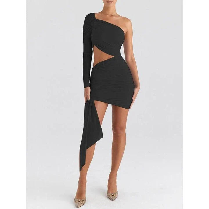 Elegant backless mini dress with sheer mesh overlay, perfect for spring and summer events in the UK