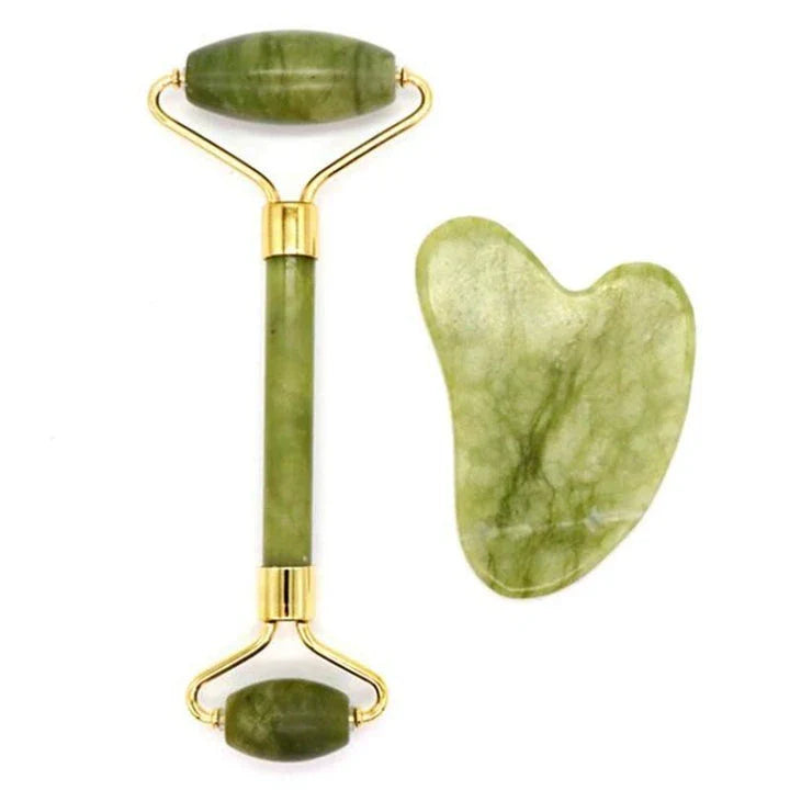 Double-Headed Jade Roller and Guasha Massage Set for Face and Body - Natural Stone Massager
