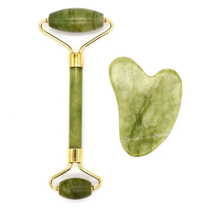 Double-Headed Jade Roller and Guasha Massage Set for Face and Body - Natural Stone Massager
