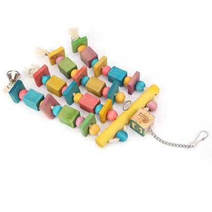 Premium eco-friendly parrot toy with wooden pieces and soothing jingle bells, perfect for sustainable playtime