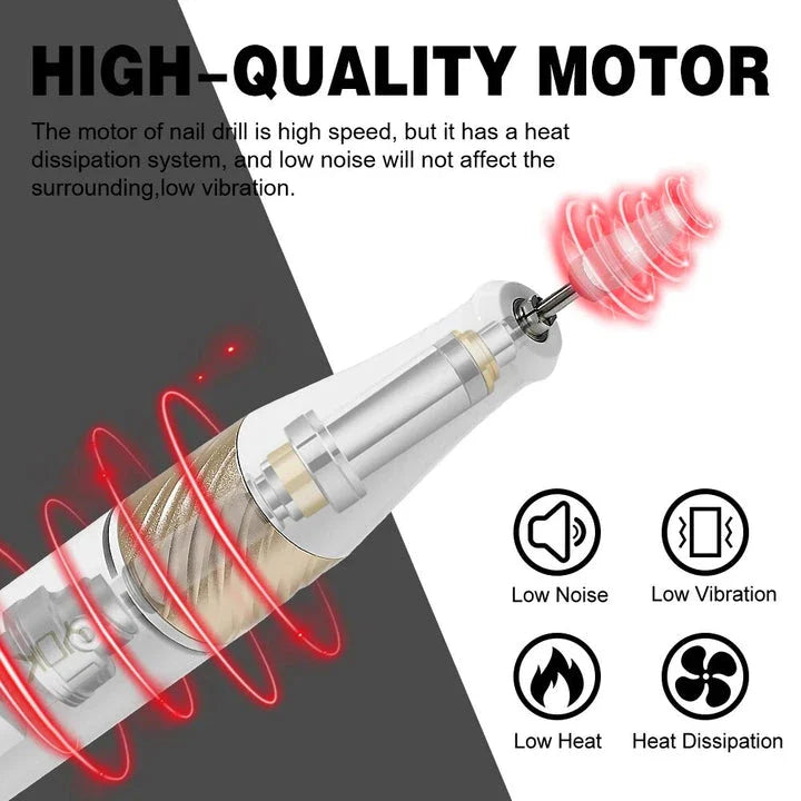 Cordless electric nail drill with 40,000 RPM motor, rechargeable battery, and HD display for professional-quality nail care