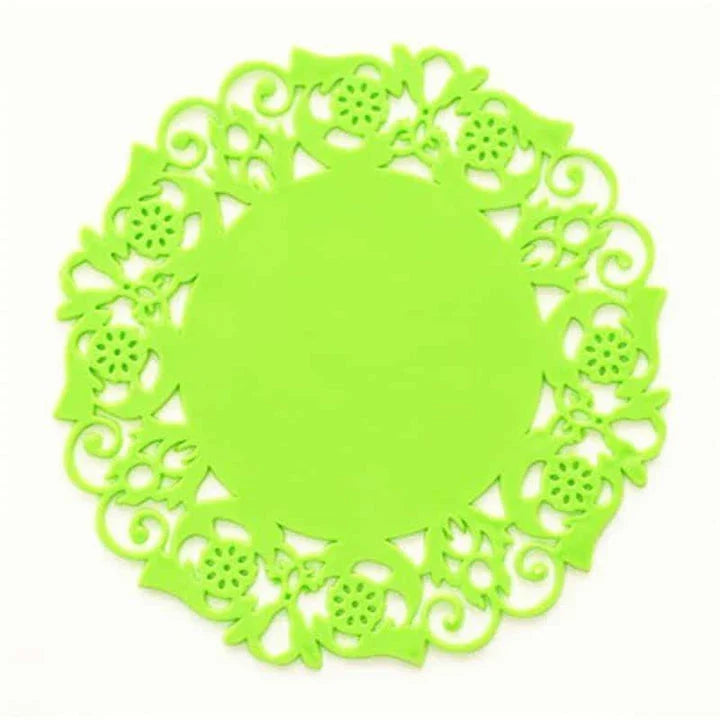 Trendha's premium Lace Silicone Coasters featuring a delicate lace pattern and heat-resistant design to protect your furniture in style.
