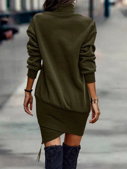 Elegant long sleeve midi dress in various colours, featuring a high neck design and waist cutout detail