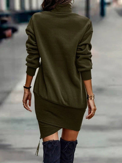 Elegant long sleeve midi dress in various colours, featuring a high neck design and waist cutout detail