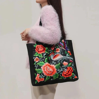 Elegant British Phoenix Embroidered Canvas Shoulder Bag for Women - Timeless Elegance and Cultural Heritage