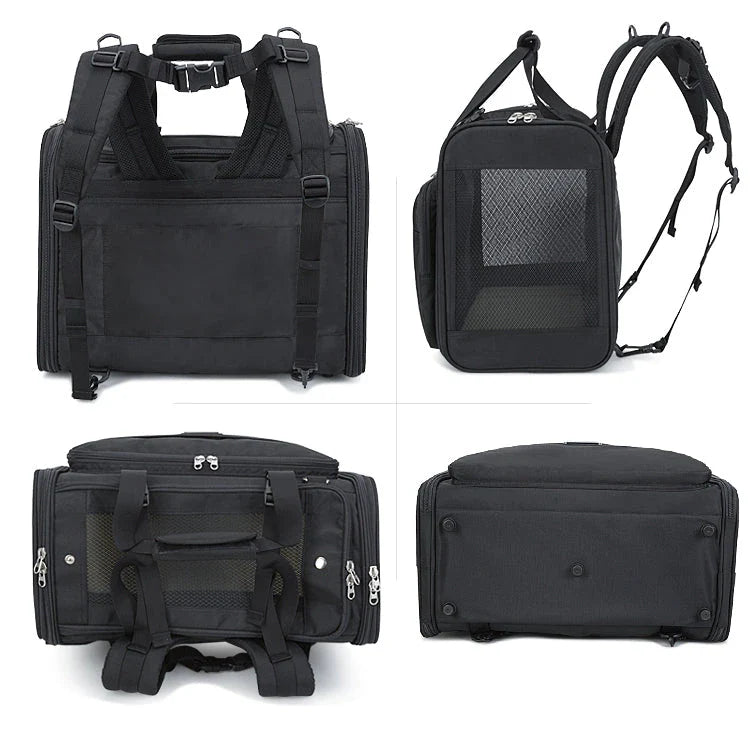 Premium water-resistant pet carrier bag made of eco-friendly 420D polyester with breathable mesh panels and ergonomic design for comfortable pet travel.