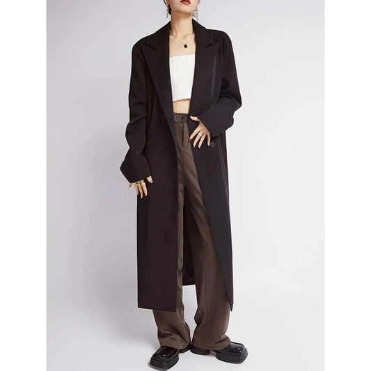 Elegant double-breasted coffee trench coat for women, featuring a wide-waisted design, turn-down collar, and full-length sleeves for a flattering and functional look.