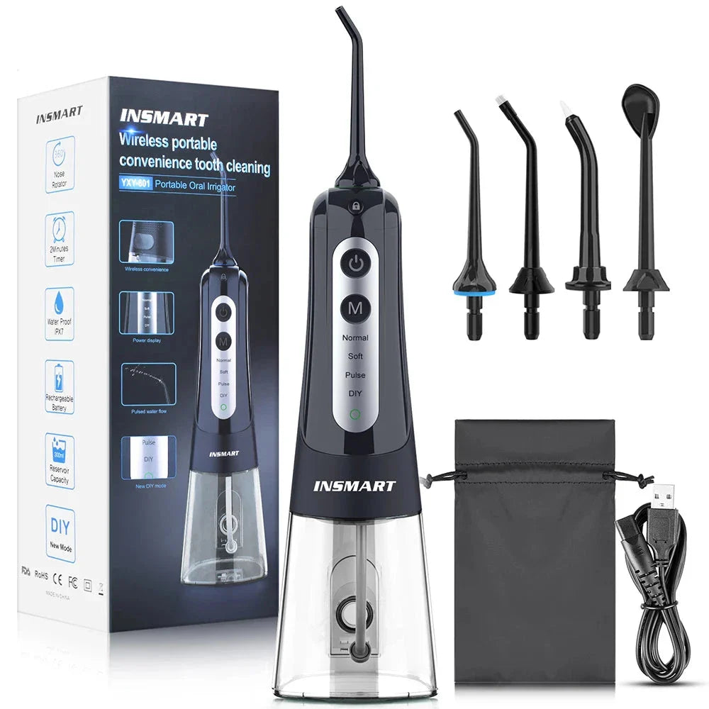 Cordless Waterproof Dental Water Flosser with 300ml Detachable Tank, 1800 Water Pulses per Minute, and 4 Customisable Cleaning Modes