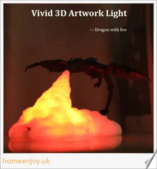 Enchanting 3D-printed fire-breathing dragon lamp with glowing LED lights, creating a magical ambiance in the home