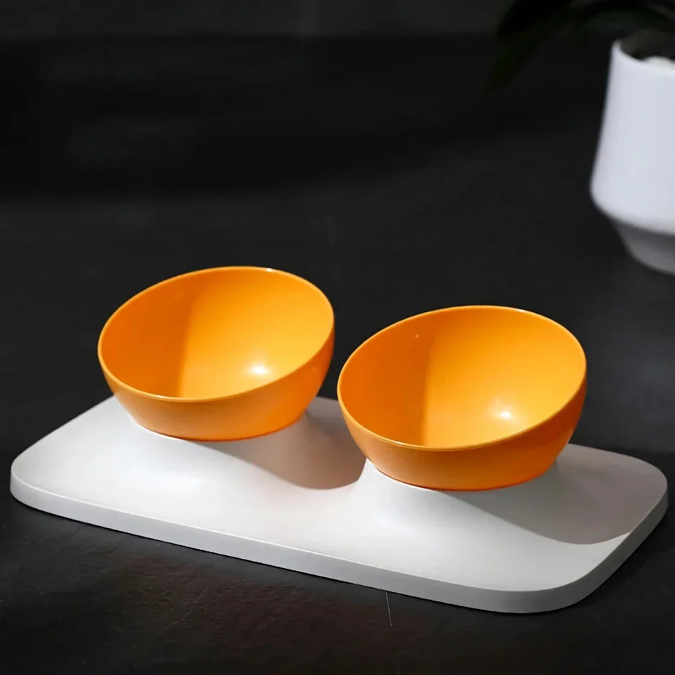 Adjustable anti-spill double bowl feeding station with neck guard for cats and dogs