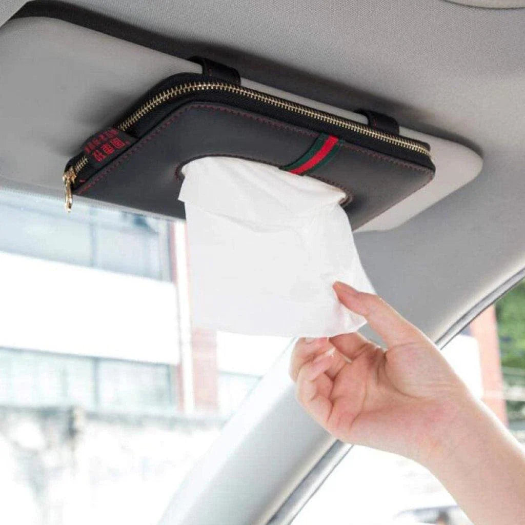 Polyurethane leather clutch-style tissue box cover for car, featuring a sophisticated design and convenient features.