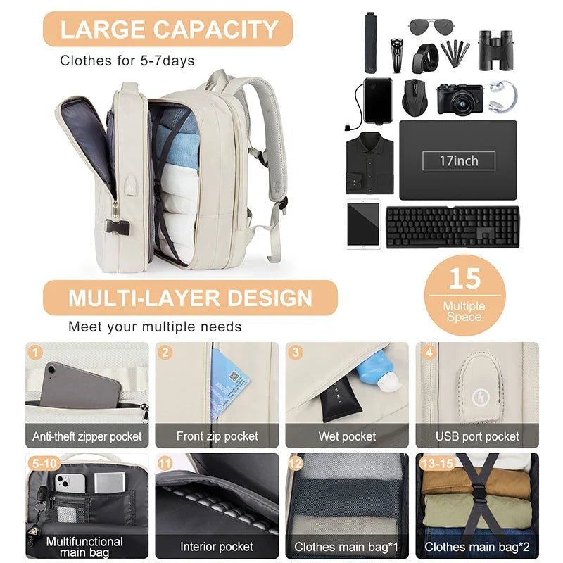 Expandable travel laptop backpack with multiple compartments and water-resistant nylon construction