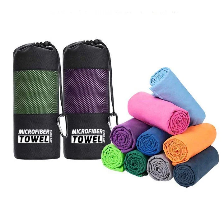 Premium quick-dry microfibre sports towel in various sizes, perfect for gym, yoga, swimming, camping, and beach activities