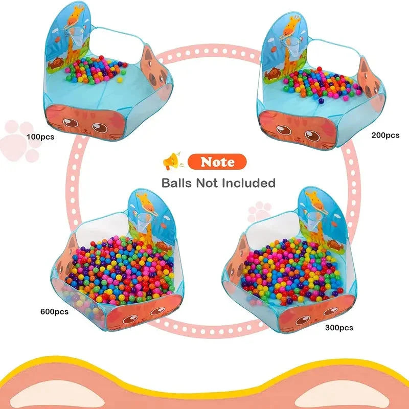 Portable Kids Ball Pit Play Tent with Colourful Animal Graphics and Basketball Hoop