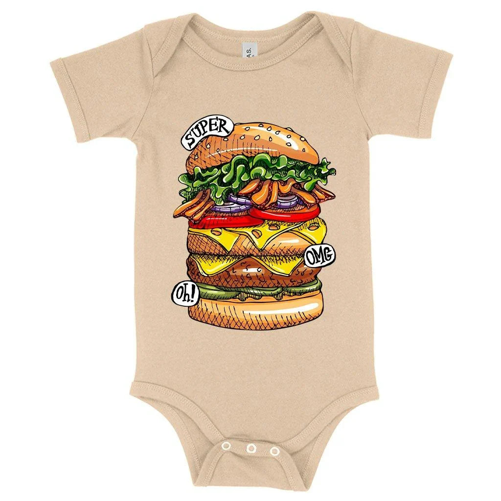 Soft and stretchy Baby Jersey Burger Onesie with flexible fit for babies 3-24 months