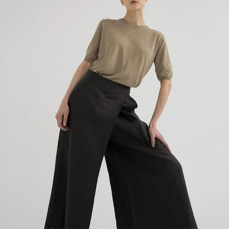 Elegant high-waist cotton-linen wide-leg trousers for women in a chic linen colour