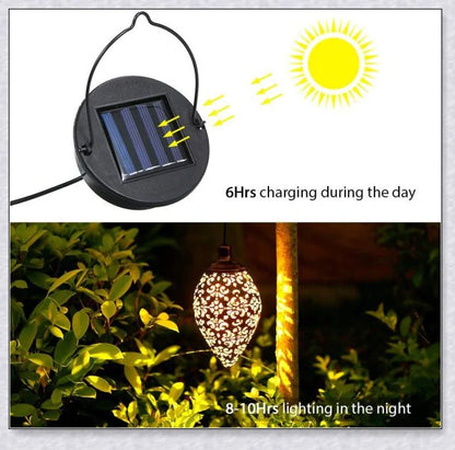 Decorative outdoor solar lanterns hanging in a lush garden, providing warm, ambient lighting
