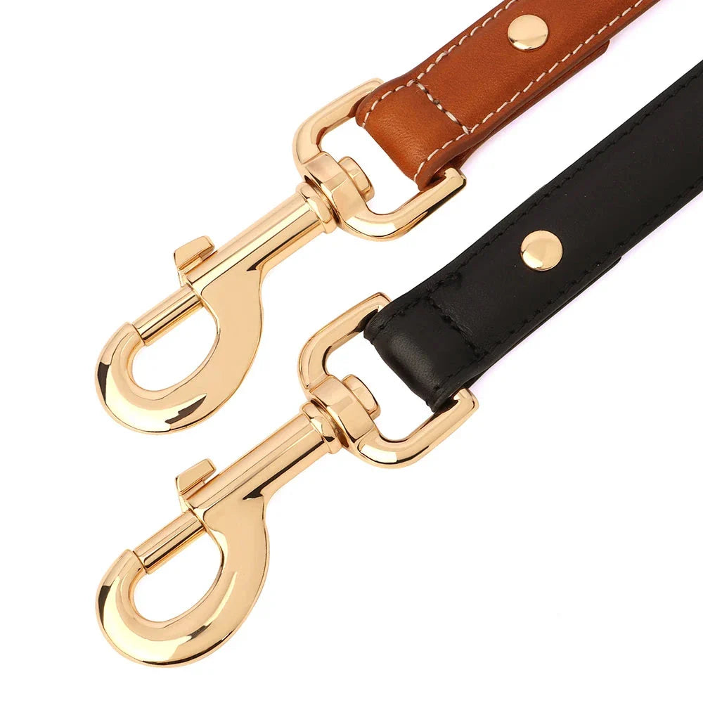 Premium genuine leather dog leash with adjustable length and padded handle, suitable for all breeds