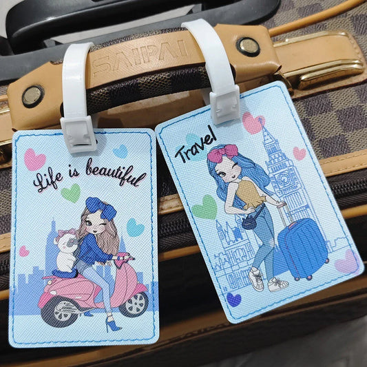 Set of two elegant PU leather luggage tags with a sophisticated letter pattern design, perfect for UK travellers