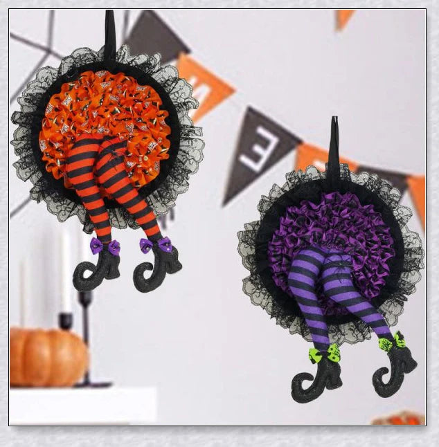 Halloween Witch Wreath with Intricate Lace, Striped Legs, and Glitter Boots for Spooktacular Seasonal Decor