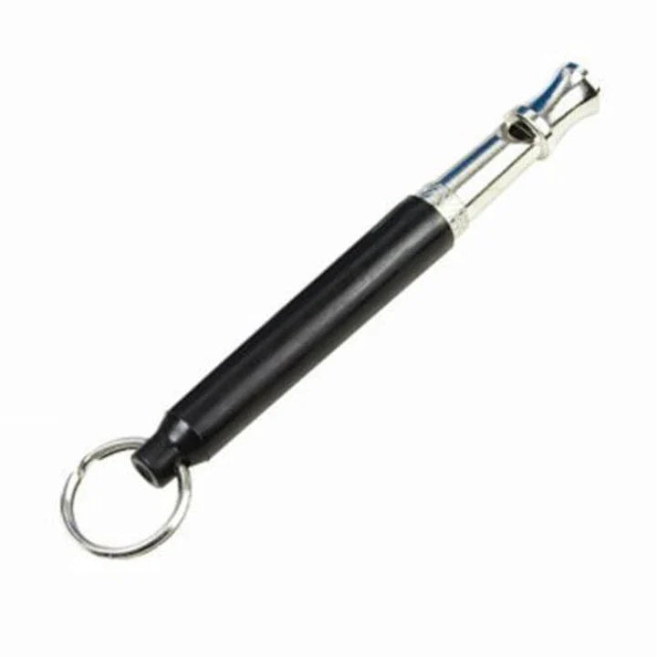 Compact ultrasonic dog training whistle with durable metal and plastic construction for effective communication and reliable performance