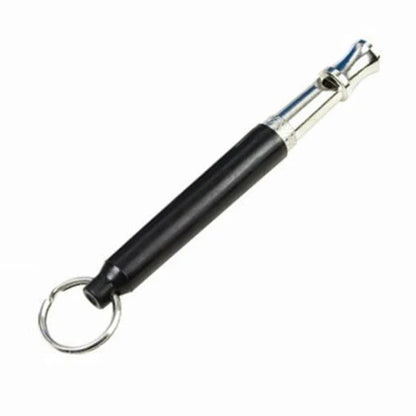 Compact ultrasonic dog training whistle with durable metal and plastic construction for effective communication and reliable performance