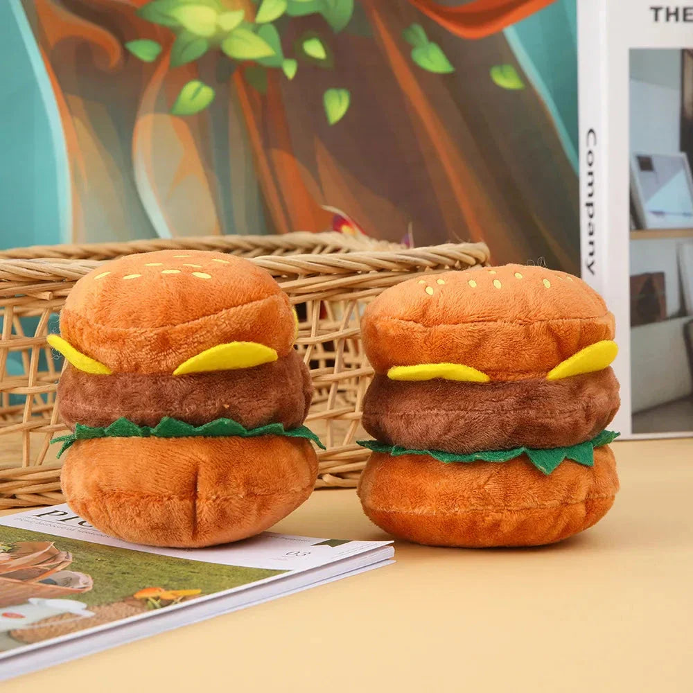 Soft, durable plush squeaky toy in adorable burger design for dogs and cats