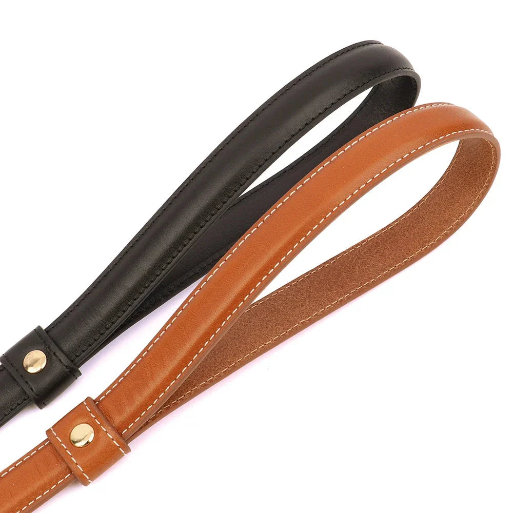 Premium genuine leather dog leash with adjustable length and padded handle, suitable for all breeds