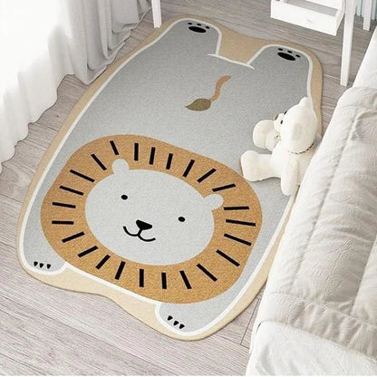 Charming animal-themed decorative rugs in various designs, including cats, foxes, lions, dogs, bunnies, wolves, and bears, adding a touch of whimsy and warmth to living rooms, bedrooms, and other cosy spaces.