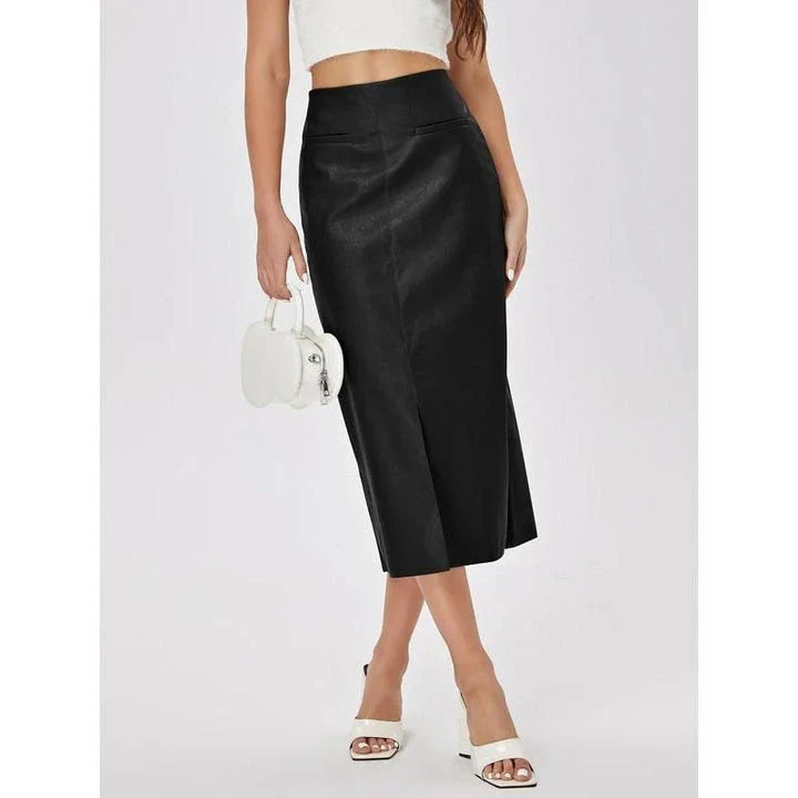 Elegant high-waist faux leather straight skirt with a sleek, flattering silhouette and mid-calf length for versatile wear