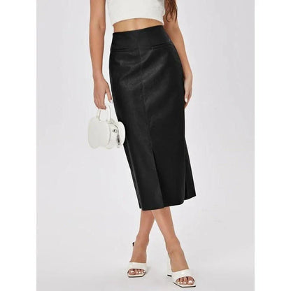 Elegant high-waist faux leather straight skirt with a sleek, flattering silhouette and mid-calf length for versatile wear