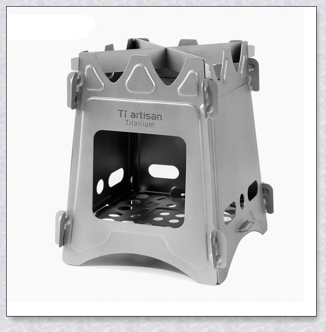 Compact titanium wood-fired camping stove with efficient air flow design and ultralight construction for easy portability