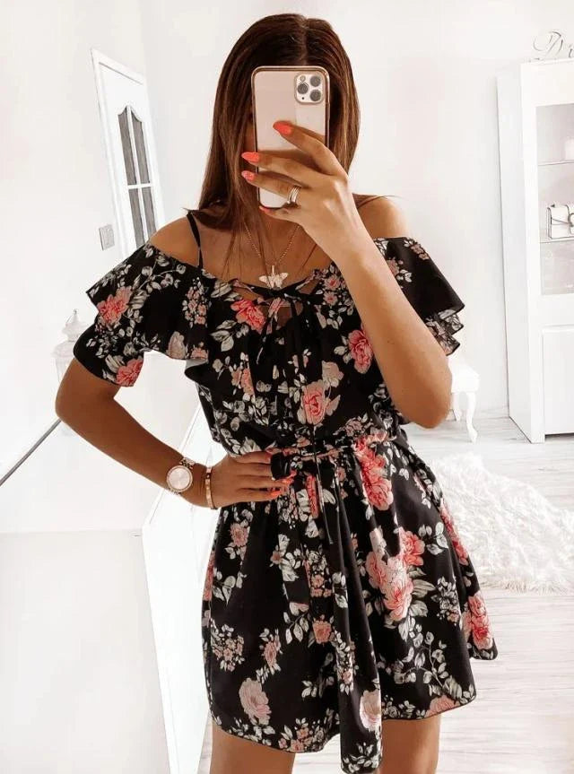 A stylish floral print dress with a flattering waist design, perfect for professional commuting