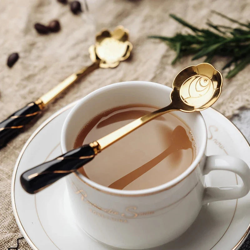 Elegant stainless steel flower teaspoon with ceramic handle in various colours and flower shapes