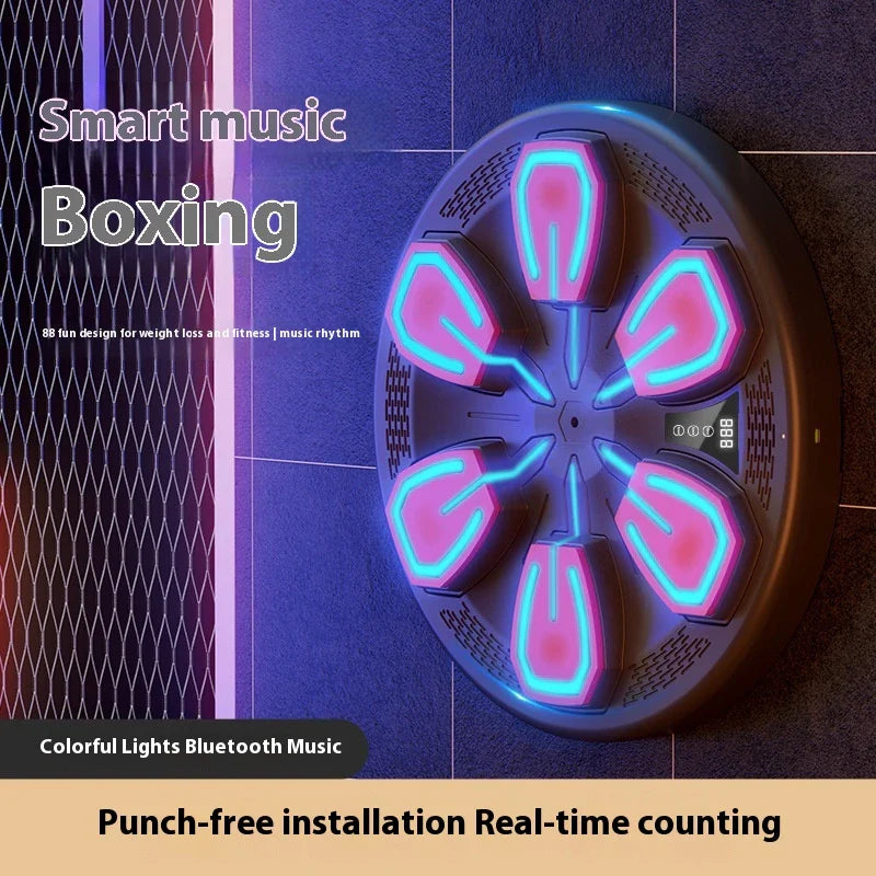 A smart home fitness device called the Music Boxing Machine, featuring a sleek black design and a touchscreen display for music-driven workouts.