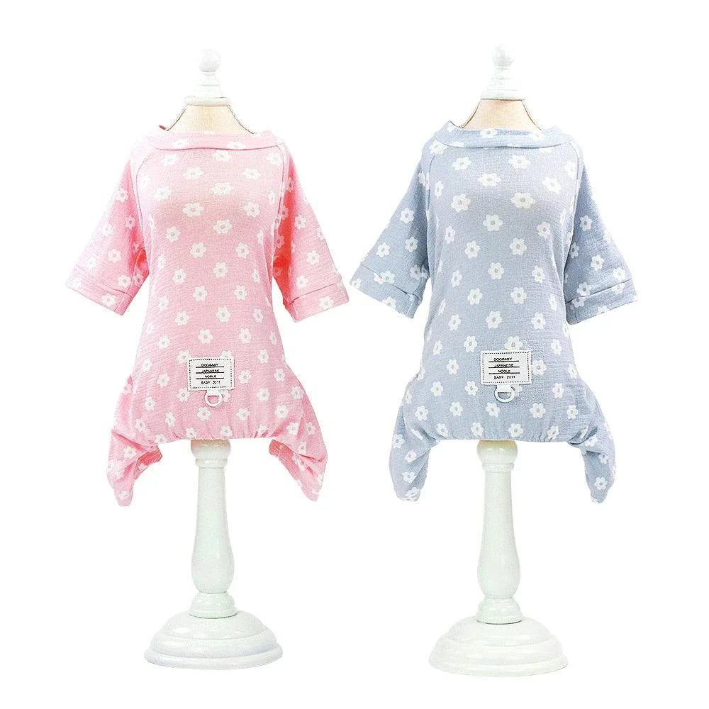 Floral dog jumpsuit in blue and pink colours, made from 100% soft cotton for comfort and style.