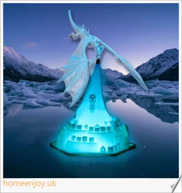 Enchanting 3D-printed fire-breathing dragon lamp with glowing LED lights, creating a magical ambiance in the home