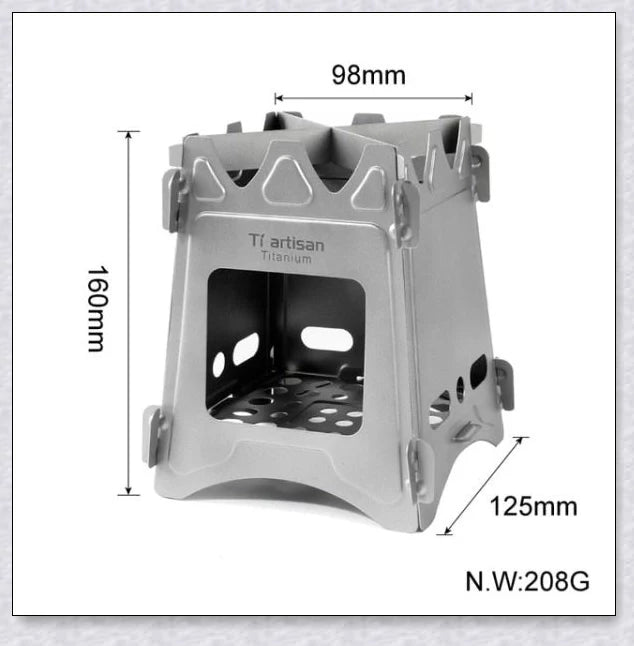 Compact titanium wood-fired camping stove with efficient air flow design and ultralight construction for easy portability