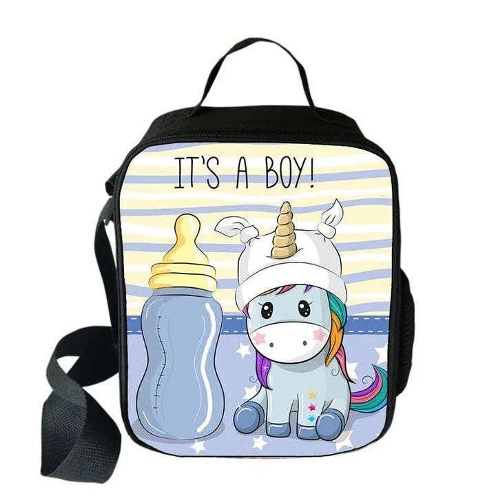 Cartoon unicorn printed lunch bag for children, featuring a vibrant design and durable polyester construction