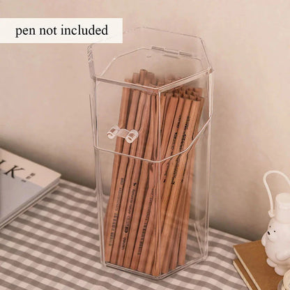 Clear acrylic pen and makeup brush holder with sleek, transparent design for stylish desktop or vanity organisation