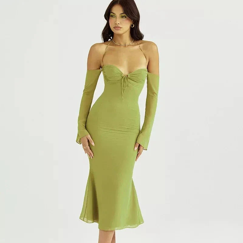 Elegant off-shoulder midi dress with lace-up back and mesh details, perfect for summer parties and events.