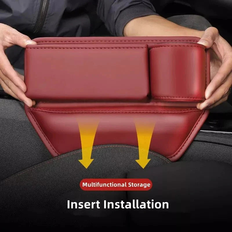 Leather Car Seat Gap Organiser with multiple storage compartments and cup holder, designed for easy installation and a sleek look in your vehicle.