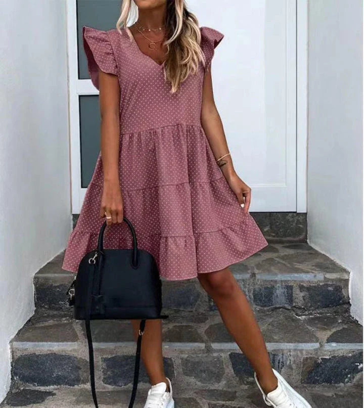 Elegant V-Neck Ruffled Dress with Digital Print in Blue, Premium Polyester Fabric, Versatile and Stylish