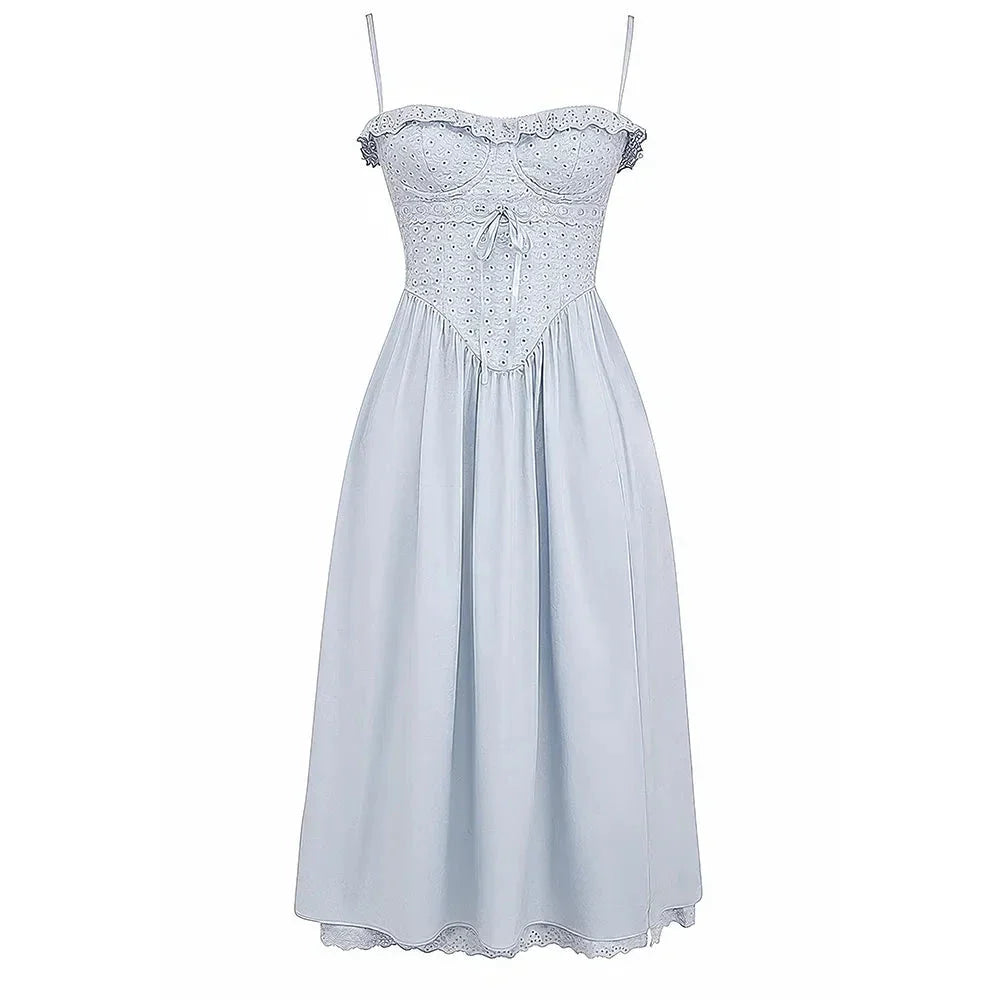 Blue midi crochet dress with spaghetti straps, bustier design, and floral crochet pattern