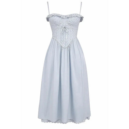 Blue midi crochet dress with spaghetti straps, bustier design, and floral crochet pattern
